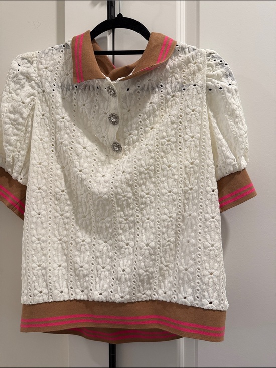 Maeve Tops - Anthropologie Maeve White Eyelet Knit Top with Tan & Pink Trim